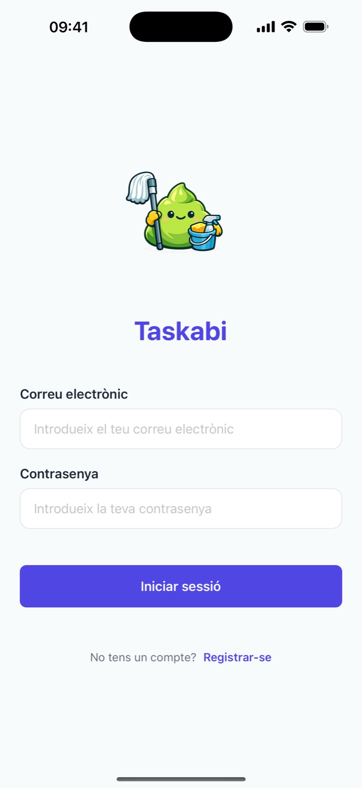 Pantalla de benvinguda de Taskabi amb la mascota